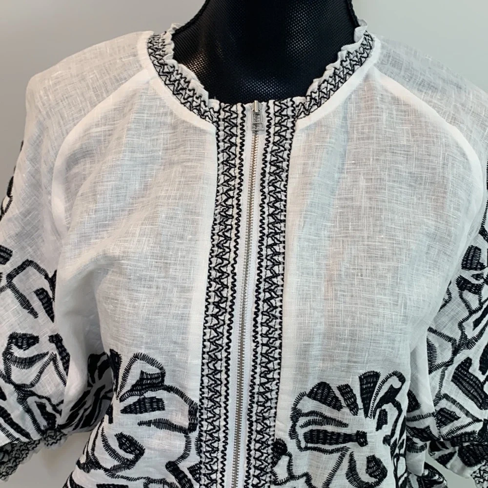 Chicos Black White Linen Embroidered Aztec Bomber Jacket Size 2 or Large - Picture 3 of 8